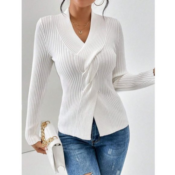Twist Front Ribbed Knit Sweater White - Picture 4 of 6